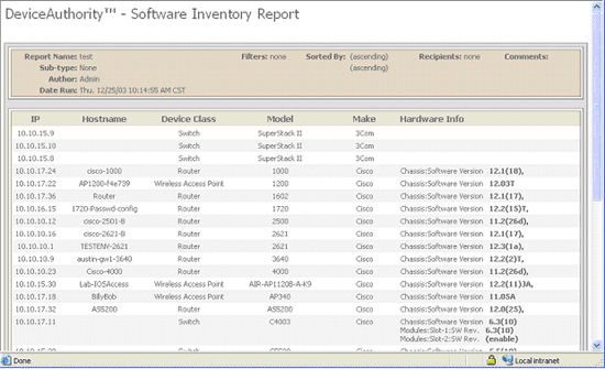 Figure 6.5: Viewing devices' software versions using AlterPoint's DeviceAuthority.